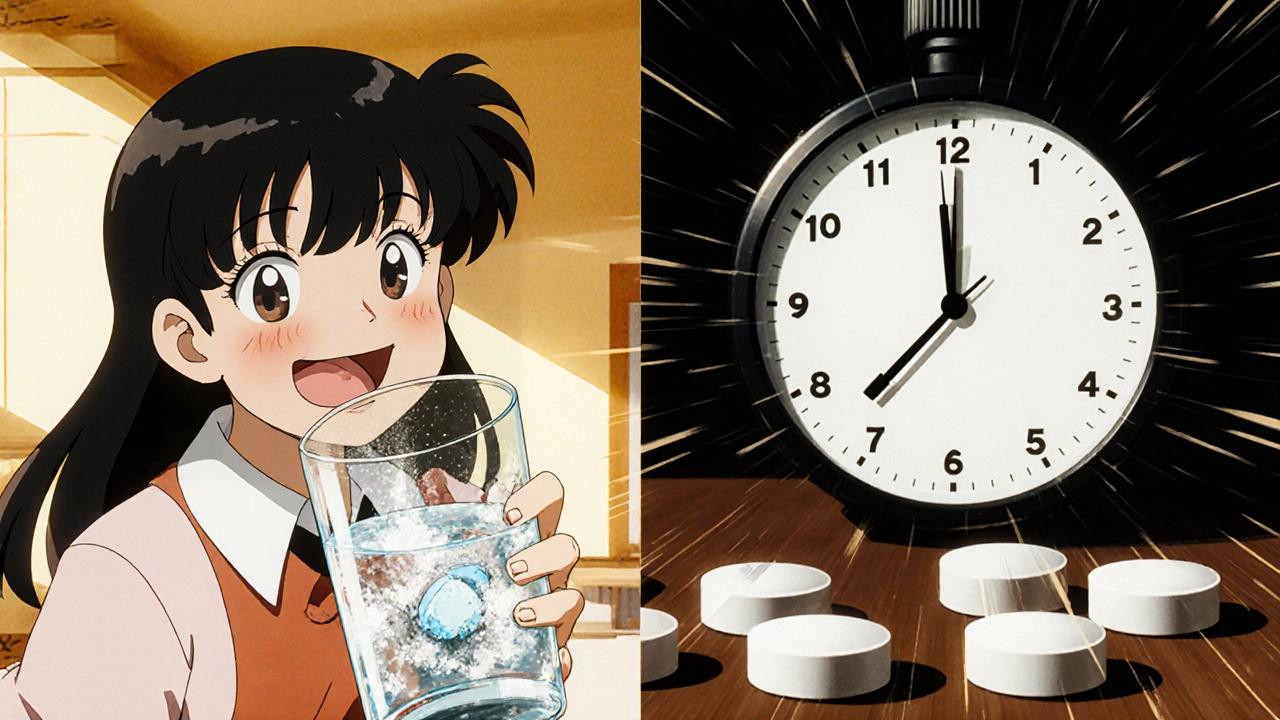 Character drinking fiber supplement with water while pills wait for later dose.