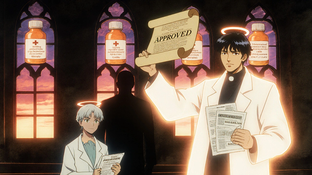 Courtroom scene with a glowing verdict approving a denied medication appeal.