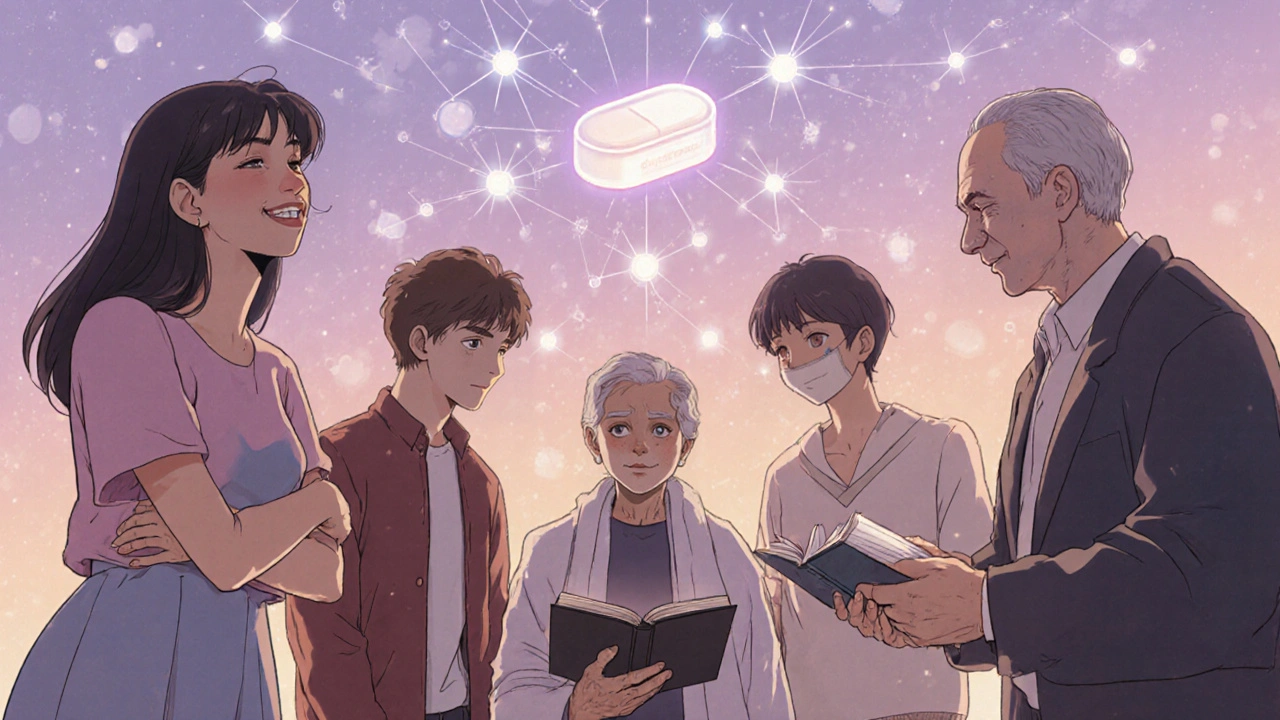 Diverse individuals experiencing emotional revival, connected by glowing serotonin receptors and a floating buspirone tablet.