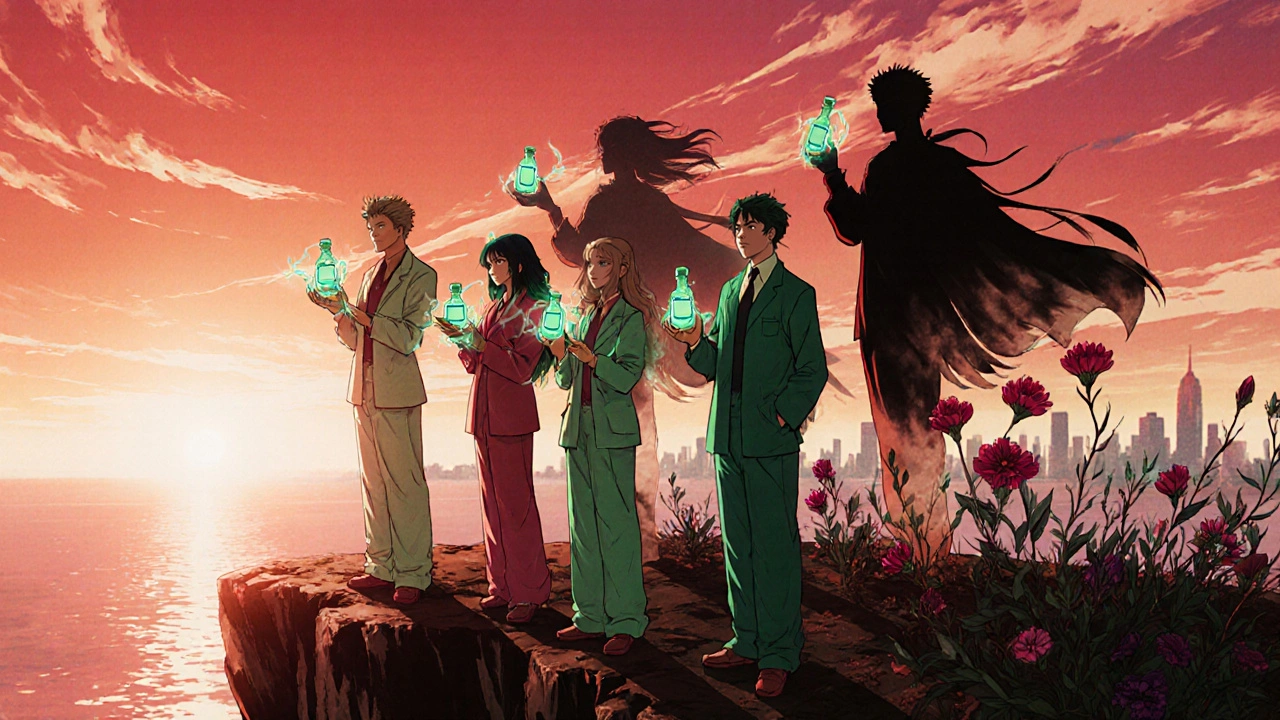 Diverse patients on cliff at sunrise holding biologic vials as shadows fade into flowers and healthy skin.