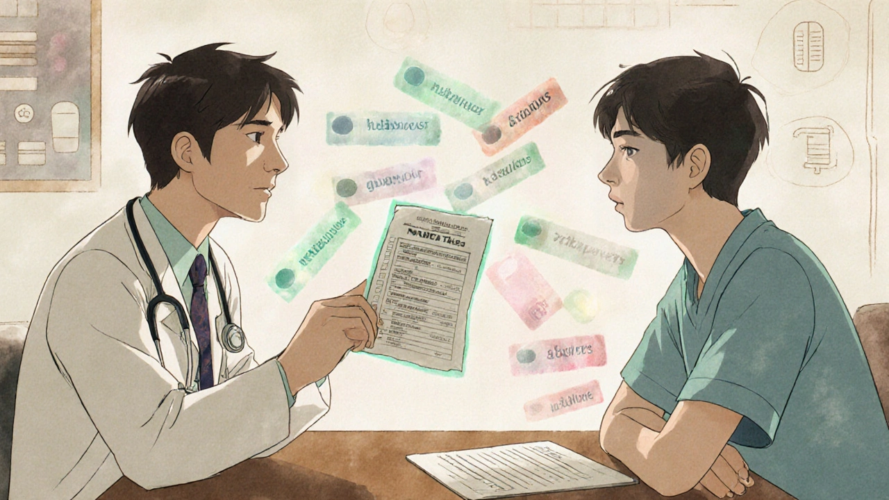 Doctor and patient discussing meds with ghostly overlapping drug names between them