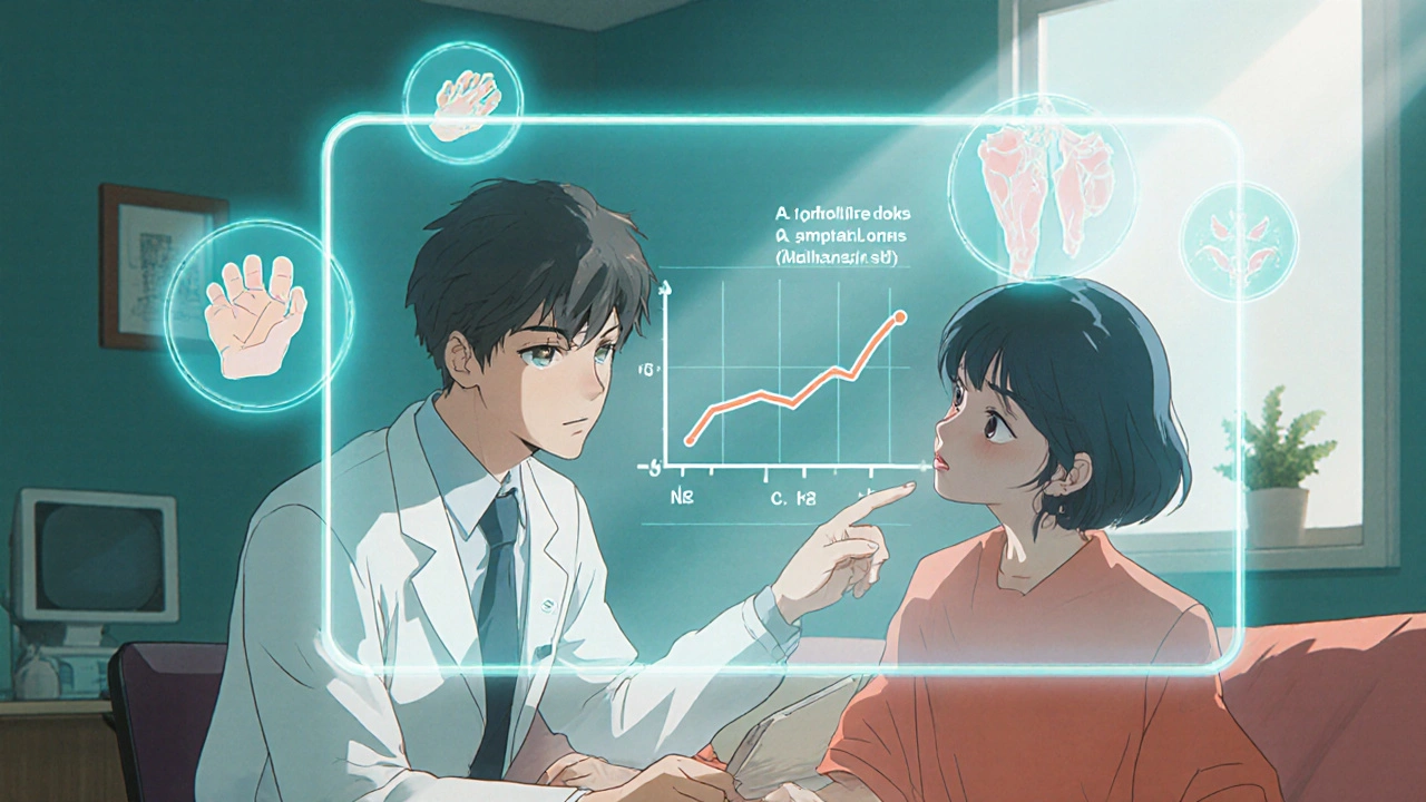 Doctor and patient reviewing holographic cancer risk chart in cozy clinic with floating medical icons.