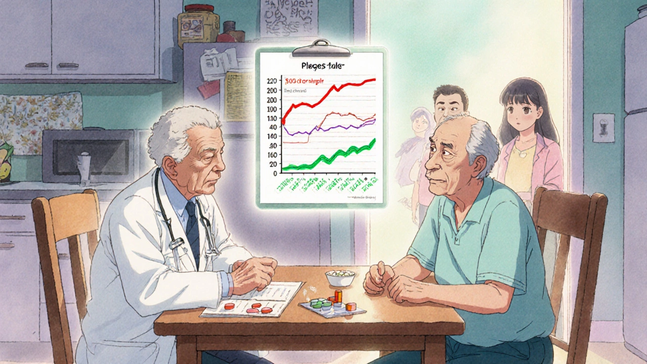 Doctor and patient reviewing medications with floating blood sugar chart in anime style