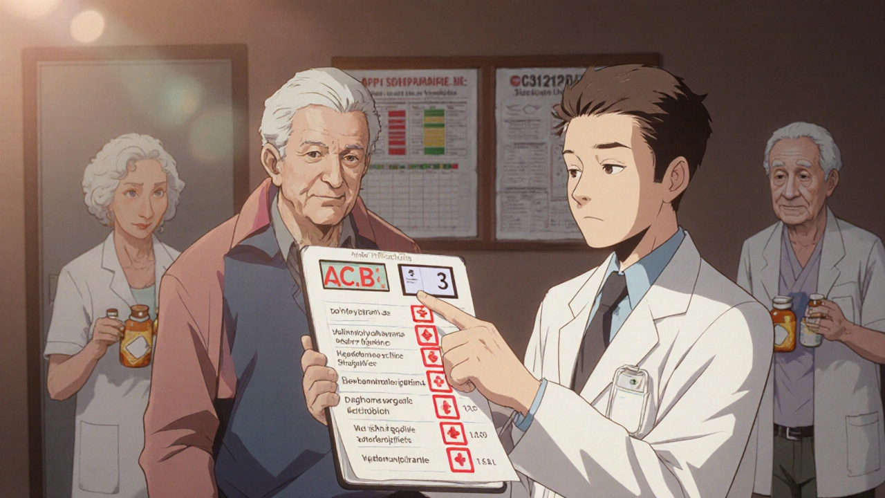 Doctor showing anticholinergic burden score on tablet to patient in clinic with floating warning icons.