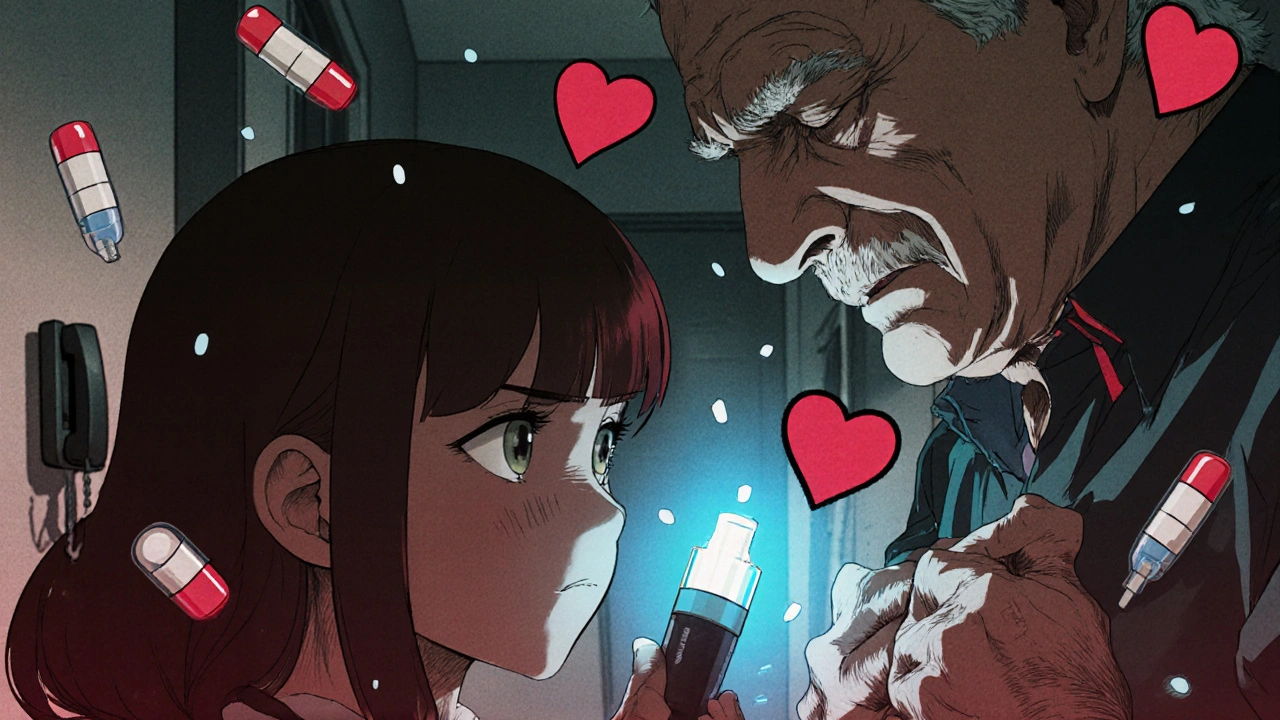 Elderly man clutching chest as granddaughter uses EpiPen, kit glowing softly nearby.