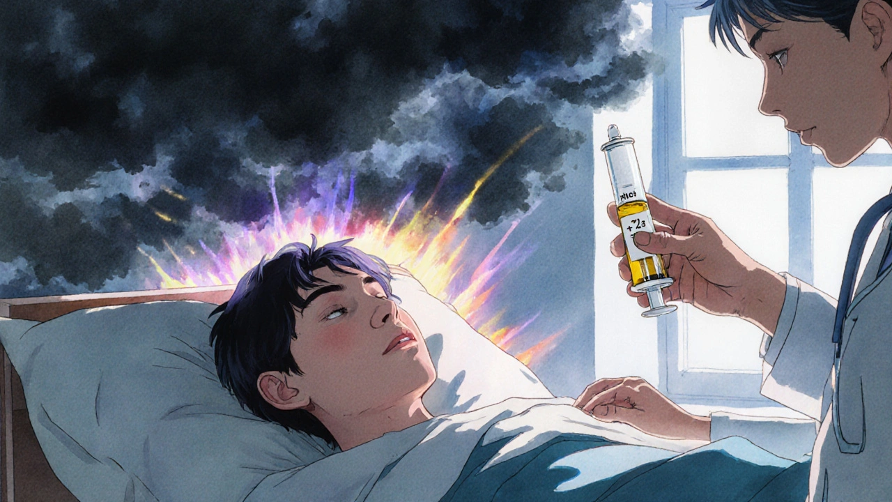 Fatigued patient with dark energy swirls as doctor administers increased dose