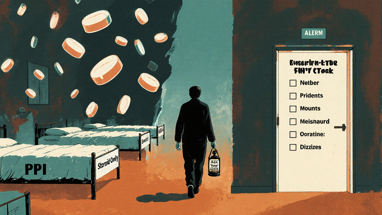 Figures walking through a symbolic hallway of overprescribing vs evidence-based care.