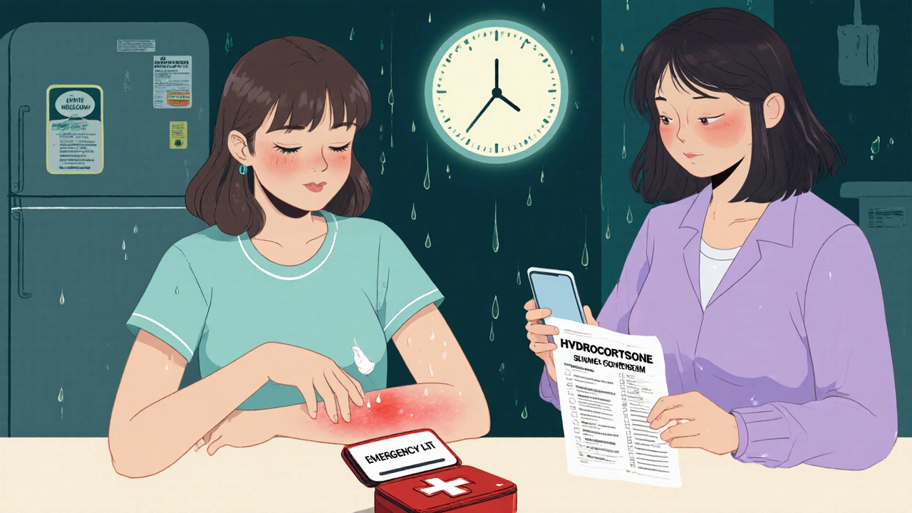 Girl applying cream to rash while mother holds medication list at kitchen table at night.