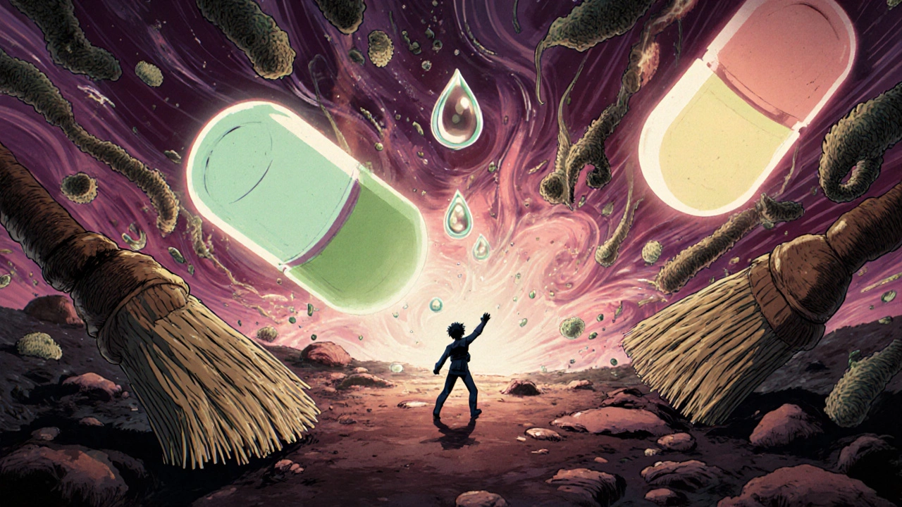 Glowing pills protected by water droplet against sweeping fiber particles in gut landscape.