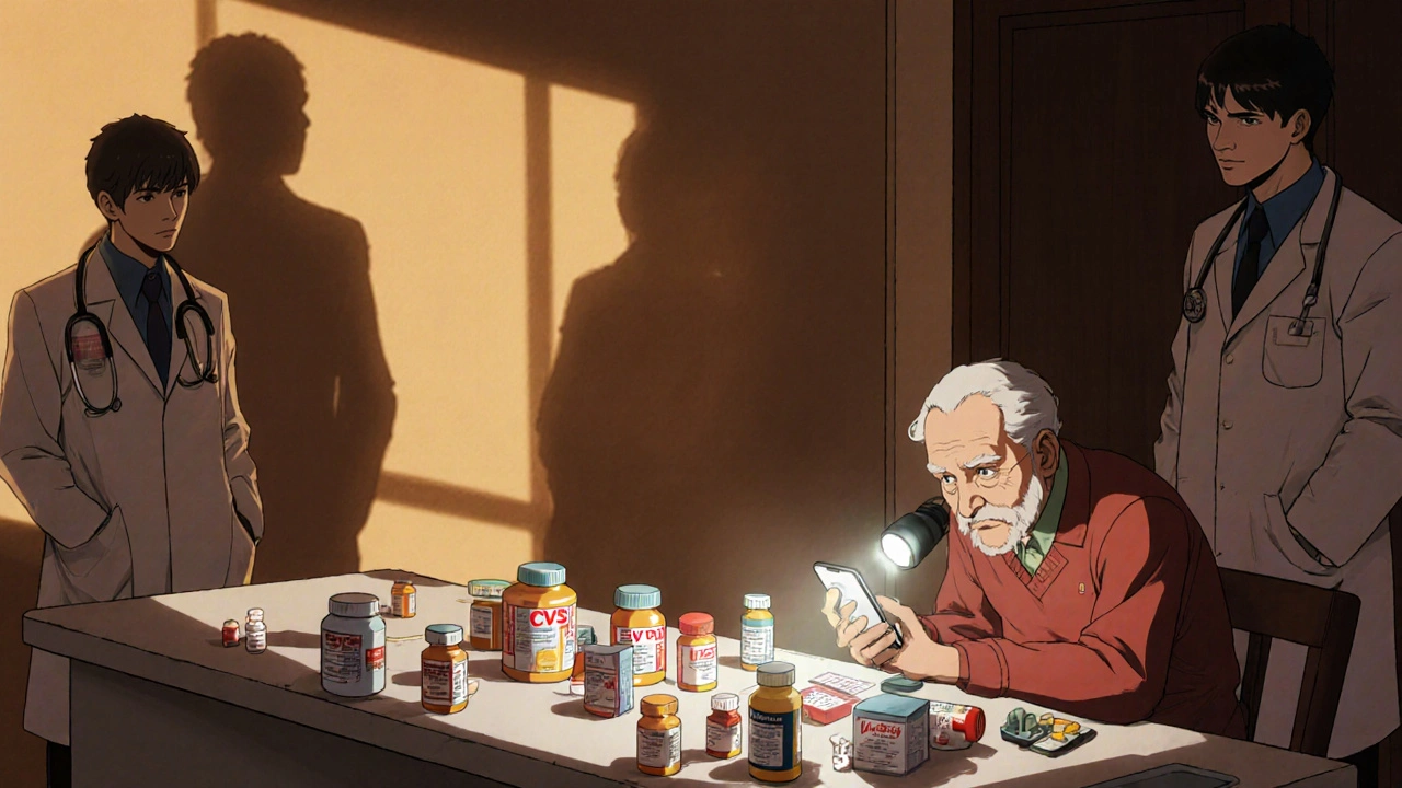 Man examining pill bottles from different pharmacies under a flashlight in a kitchen