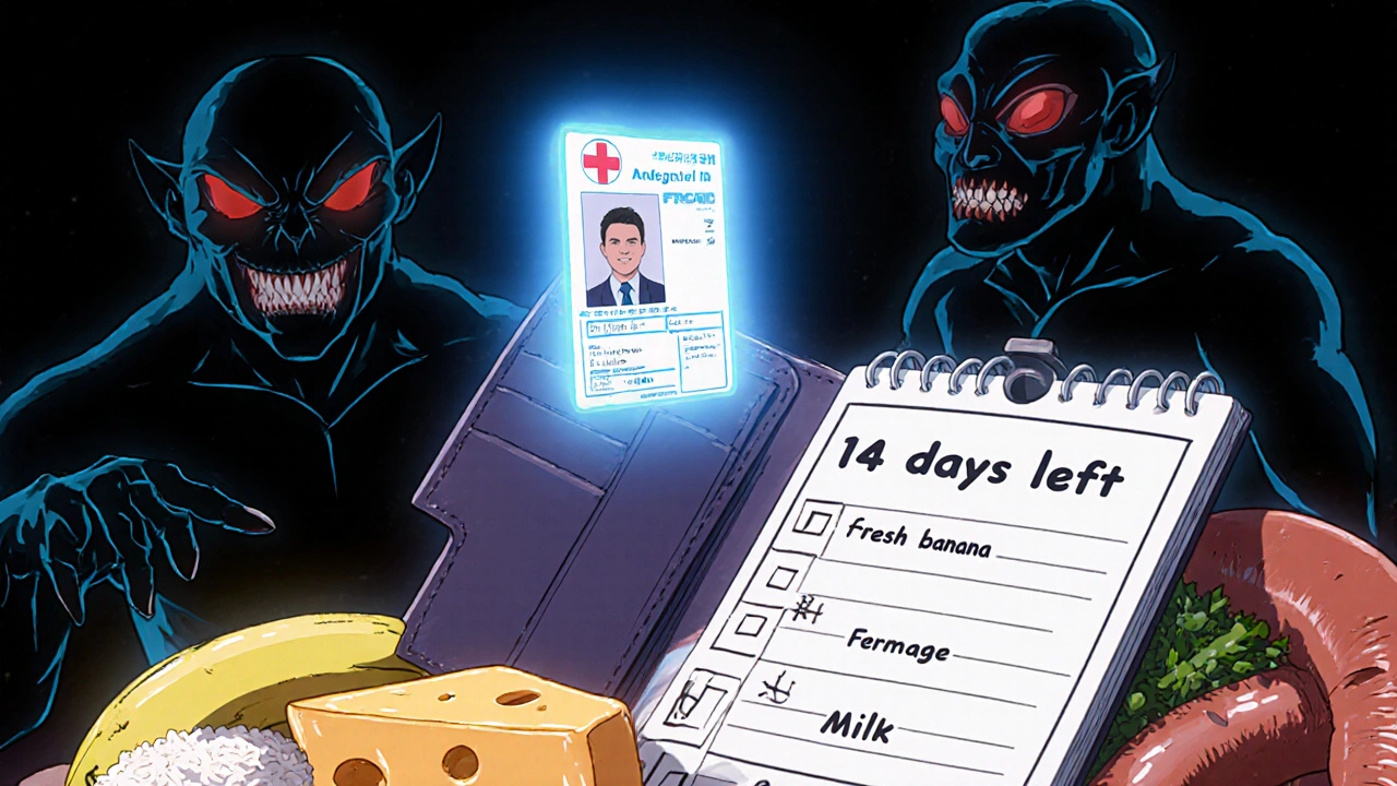 Medical ID card glowing in wallet beside calendar and safe food list, tyramine threats lurking nearby