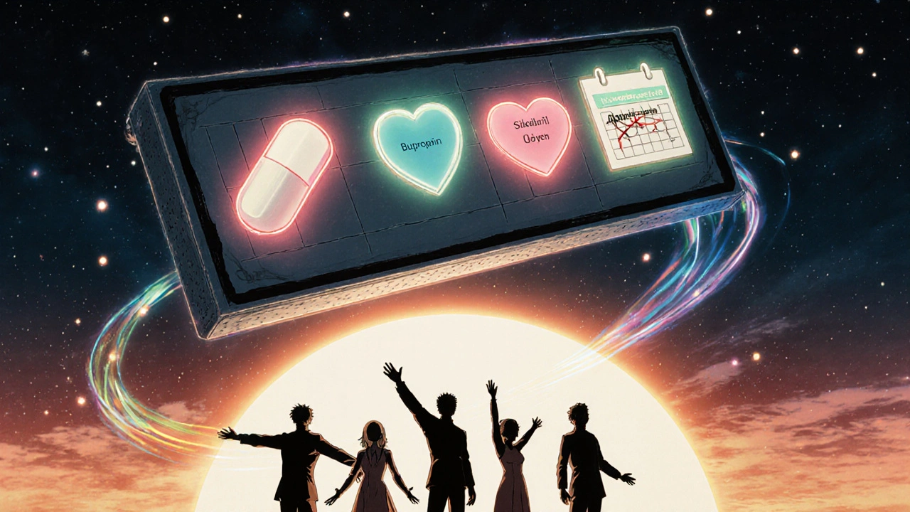 Medical solution icons floating in space above diverse people reconnecting with joy, as sunlight restores their energy and sensation.