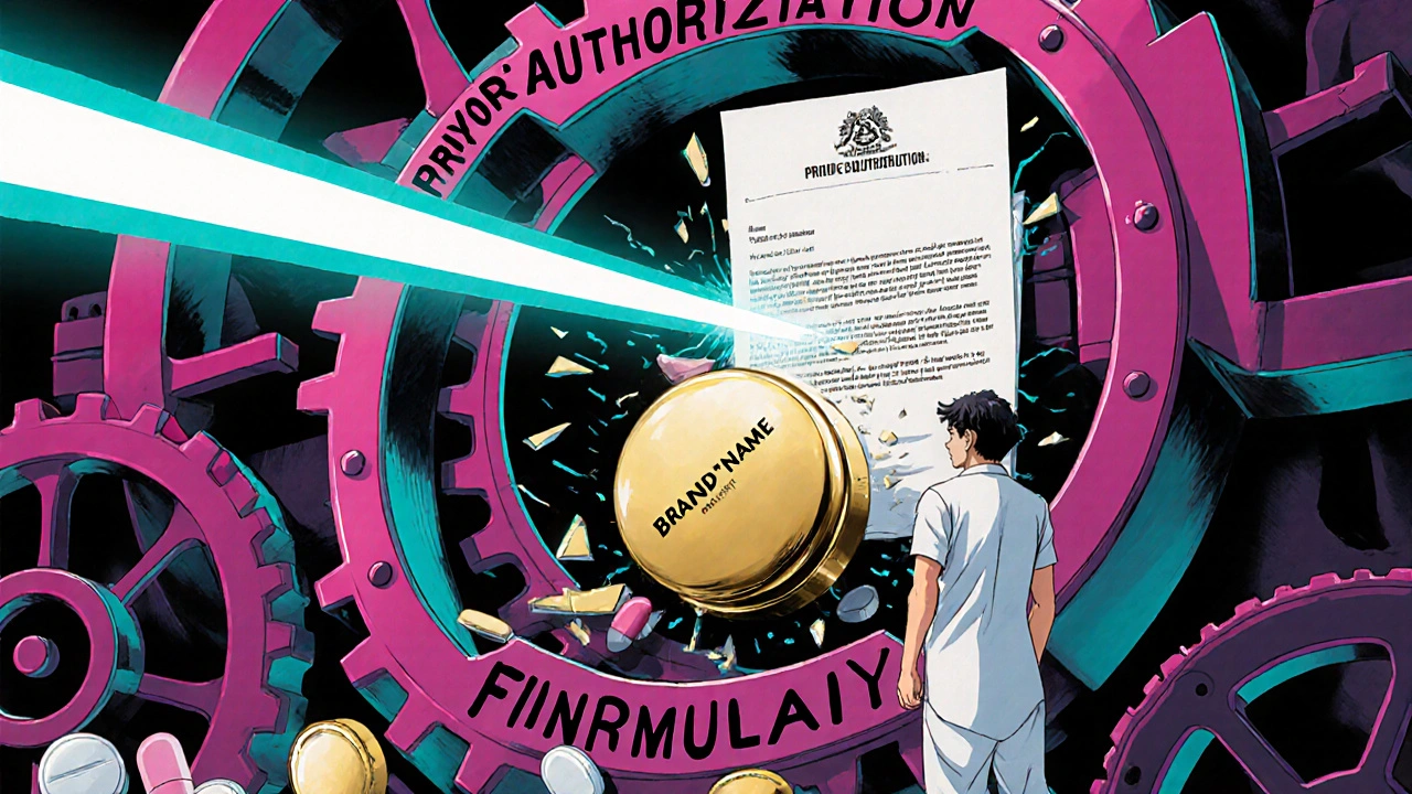 Patient fights a mechanical insurance machine with a doctor’s letter as a laser beam.