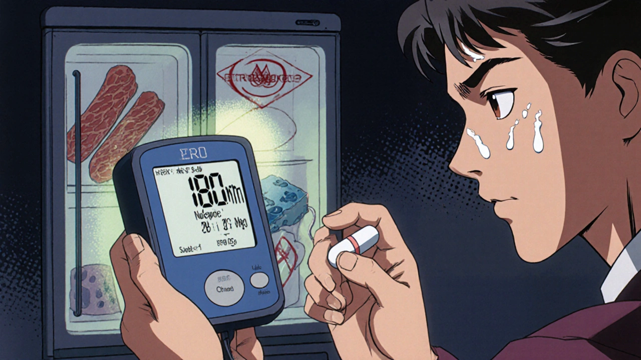 Person checking high blood pressure at home with emergency pill in hand, warning foods visible in fridge