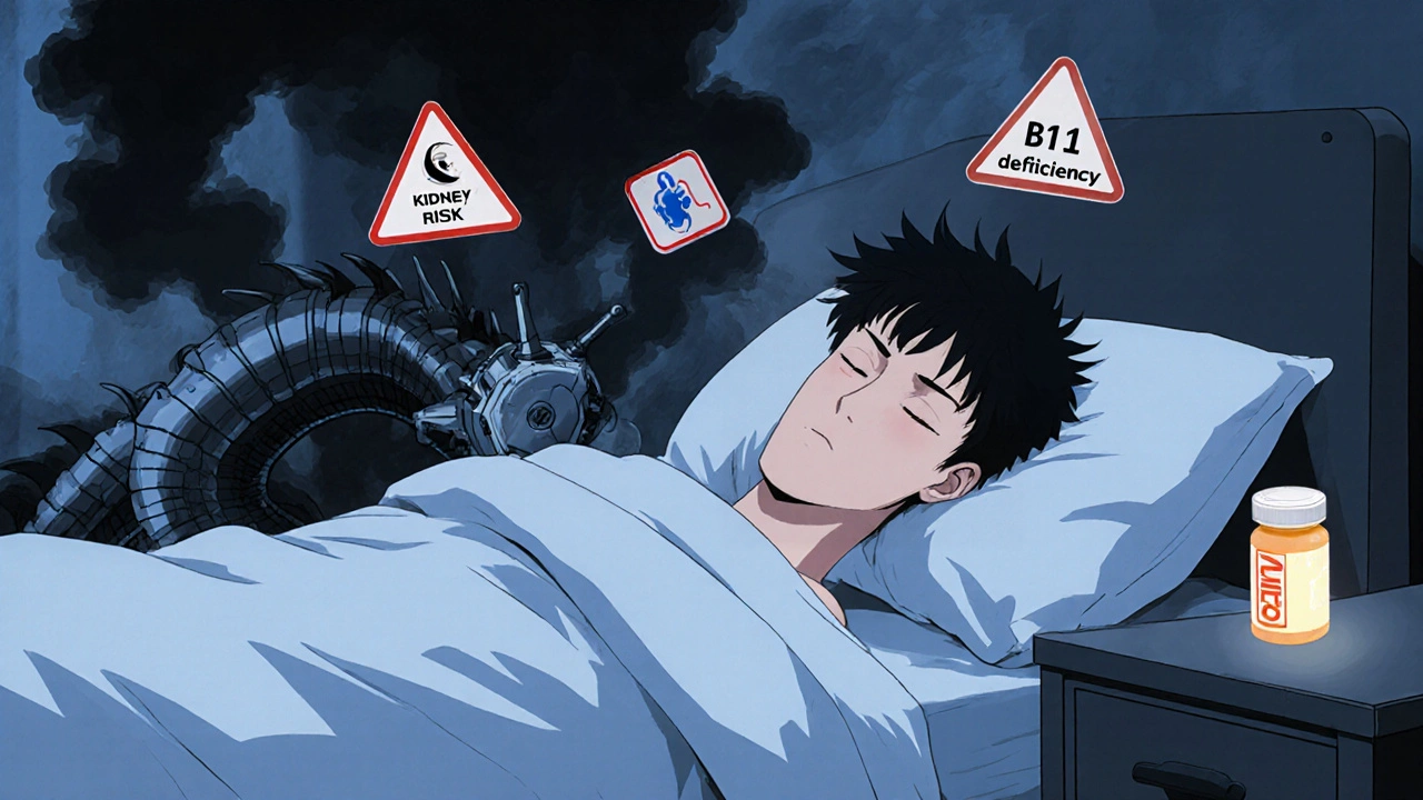 Person sleeping as ominous proton pump casts shadow with health warning icons in retro anime style