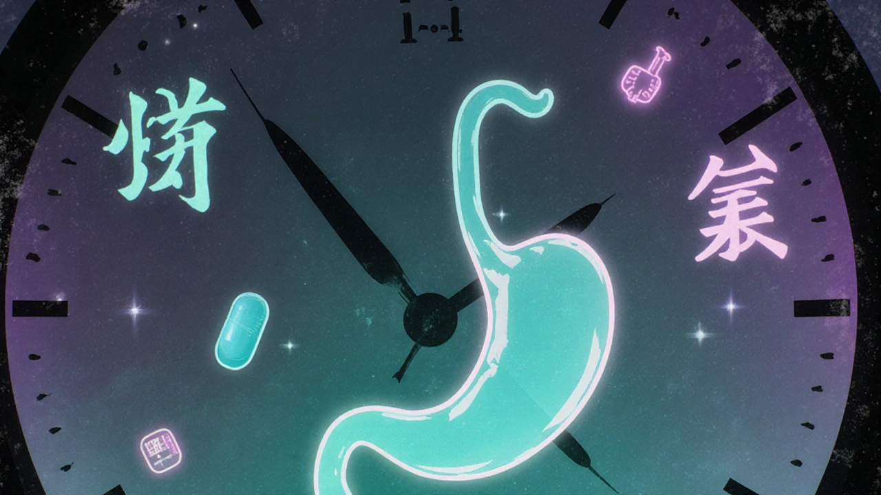 Person taking H2 blocker before dinner with glowing stomach valve in retro anime style