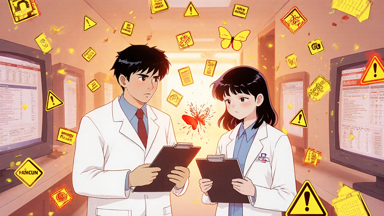 Pharmacist and doctor surrounded by floating drug allergy warning icons in a hospital hallway.