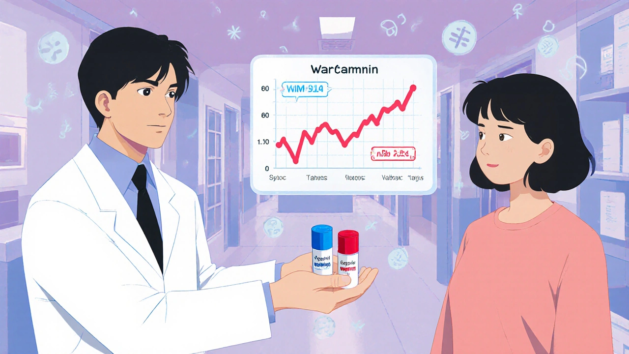 Pharmacist giving two different generic warfarin pills with floating INR graph