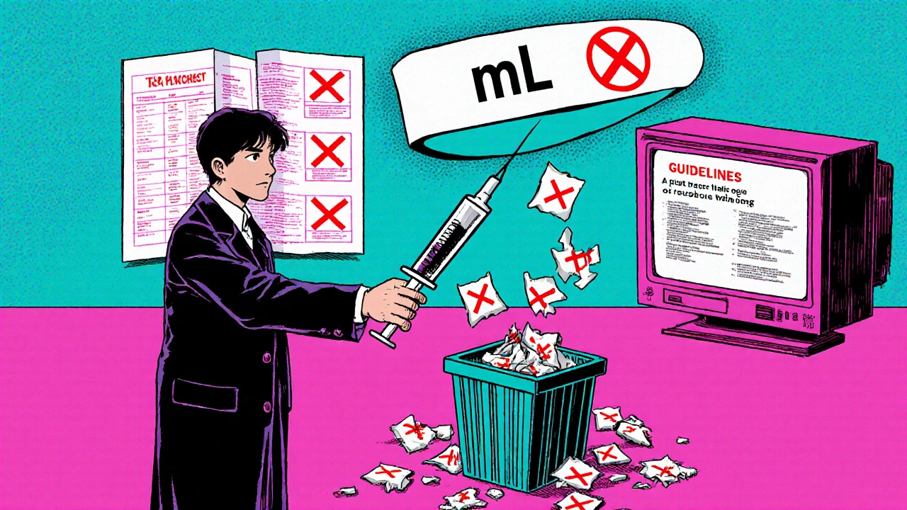 Pharmacist handing an oral syringe to a caregiver while tsp labels crumble into trash.