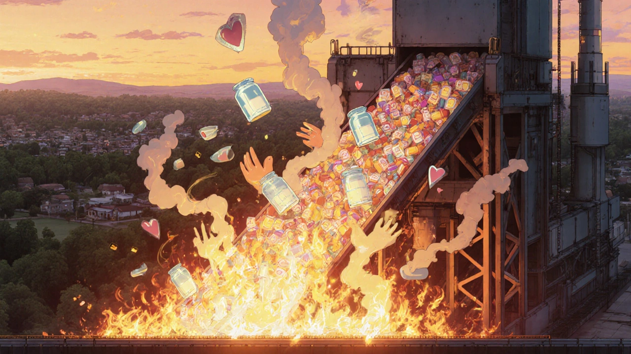 Pills being incinerated in a glowing facility as smoke forms symbolic shapes.