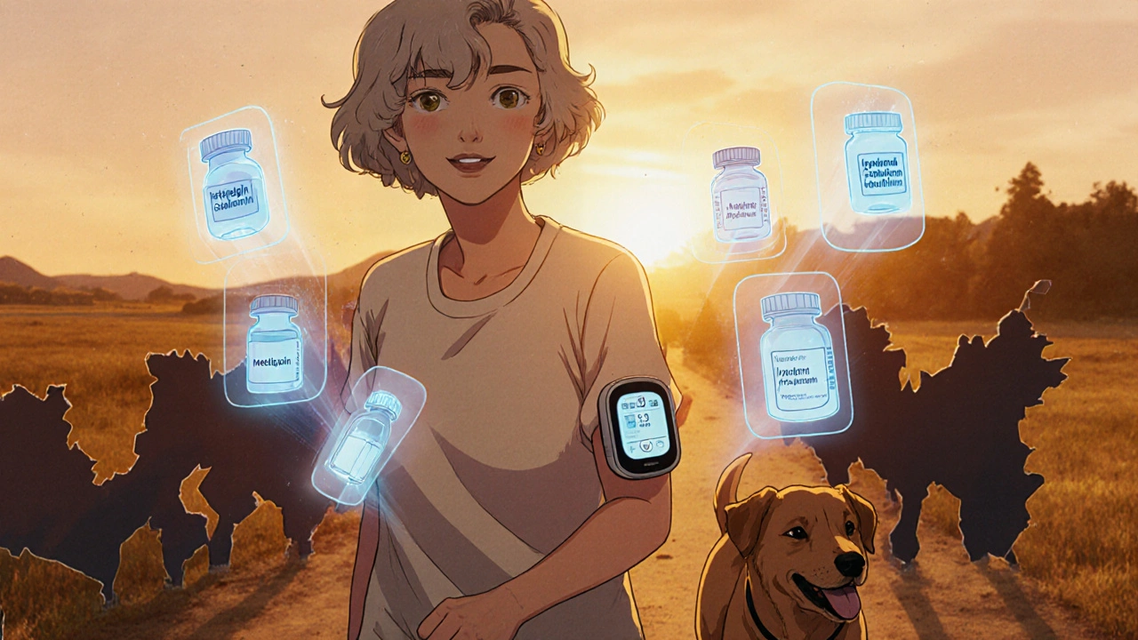 Senior woman walking her dog with glowing glucose monitor in warm sunrise light