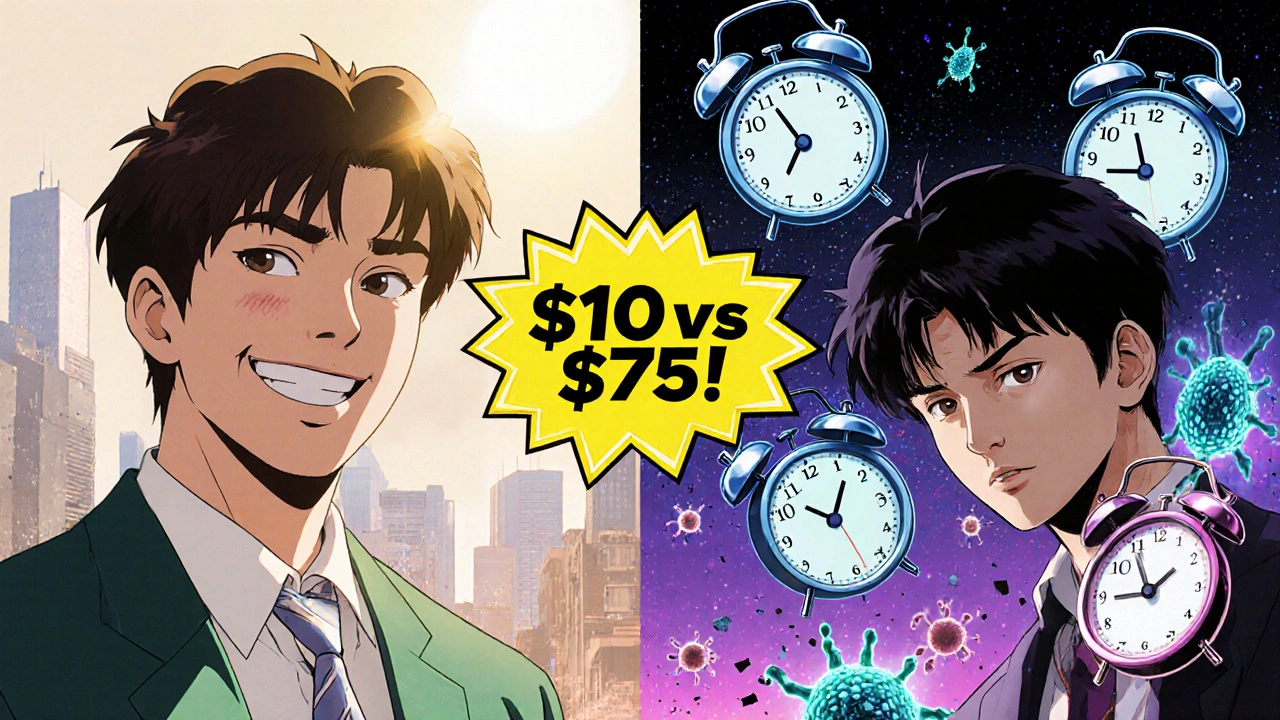 Side-by-side anime scene comparing once-daily cefadroxil vs four-times-daily cephalexin dosing.