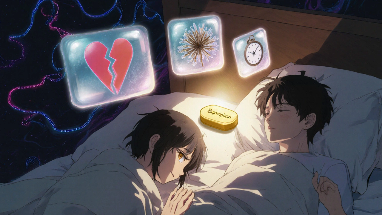 Two figures in a bedroom surrounded by floating symbols of sexual dysfunction, with a glowing bupropion pill dissolving the darkness.