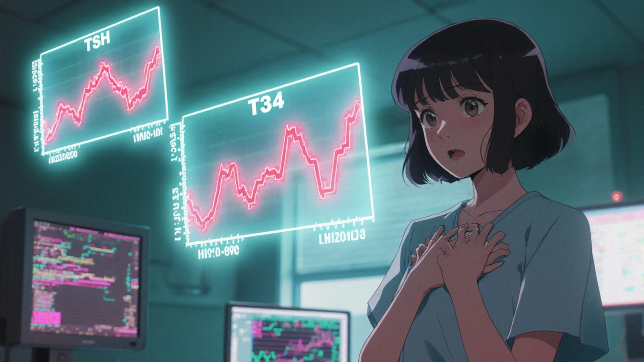Woman in hospital gown surrounded by floating thyroid hormone graphs spiking dangerously
