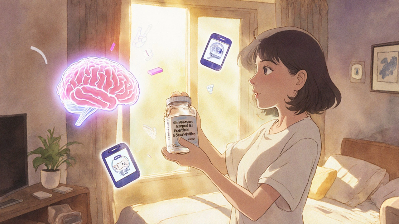 Woman switching to safer bladder medication and doing pelvic exercises with healthy brain glow in retro anime style.