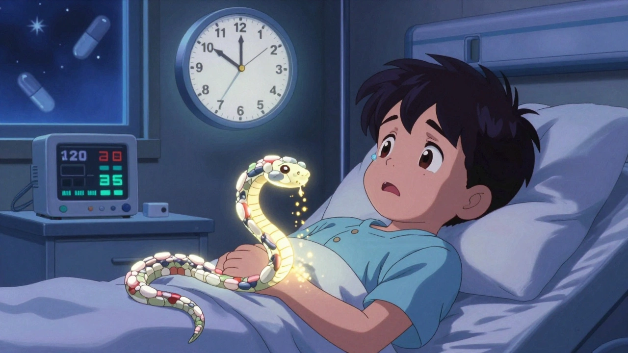 A child in bed as a serpent of aspirin tablets dissolves into golden light, with a medical clock showing dose increases.