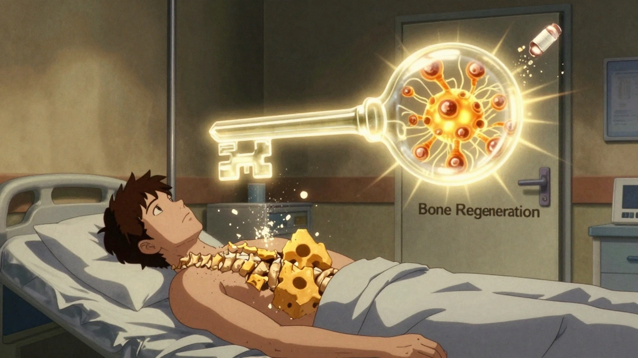 A patient&#039;s crumbling spine being rebuilt by a glowing drug molecule unlocking regeneration, contrasted with fading treatment vials.