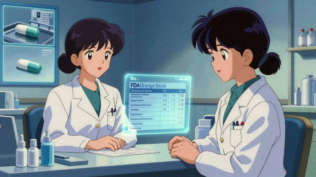 A pharmacist and employee review FDA bioequivalence data on a hologram during a virtual consultation.