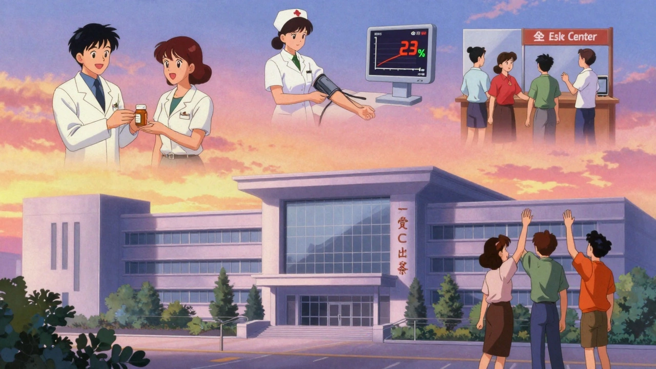 A vibrant workplace campus at sunset with pharmacists helping employees, showing improved health and cost savings.