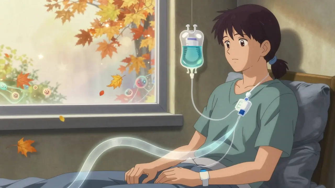 Cancer patient with indwelling catheter draining fluid peacefully by a window in retro anime style
