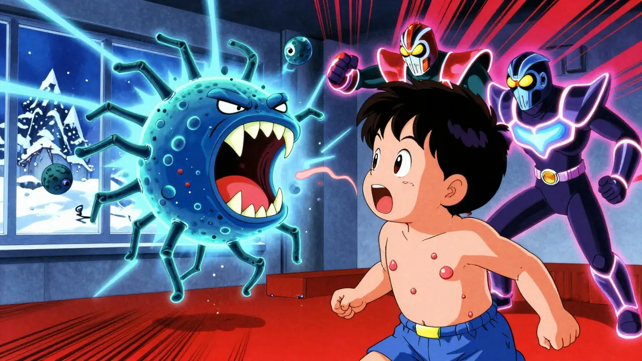 Child with guttate psoriasis flaring after bacterial infection in retro anime style