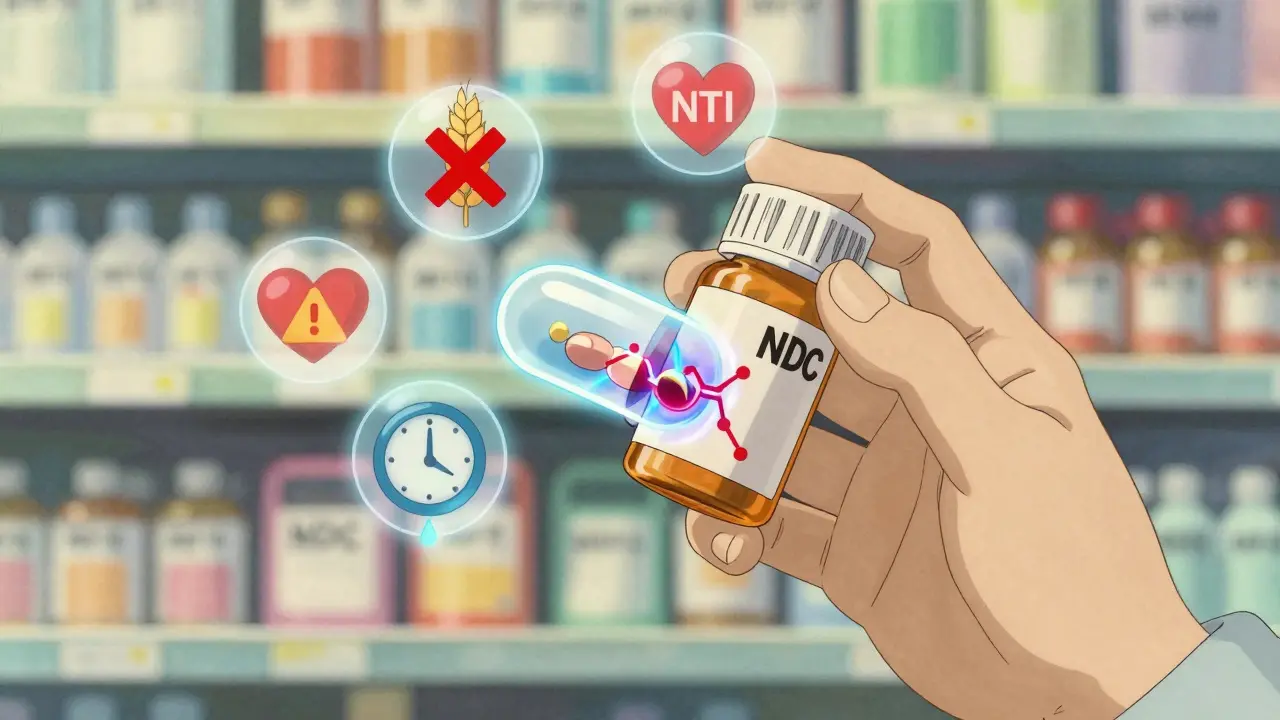 Close-up of a pill with floating icons showing allergens, heart risk, and slow release in retro anime style.