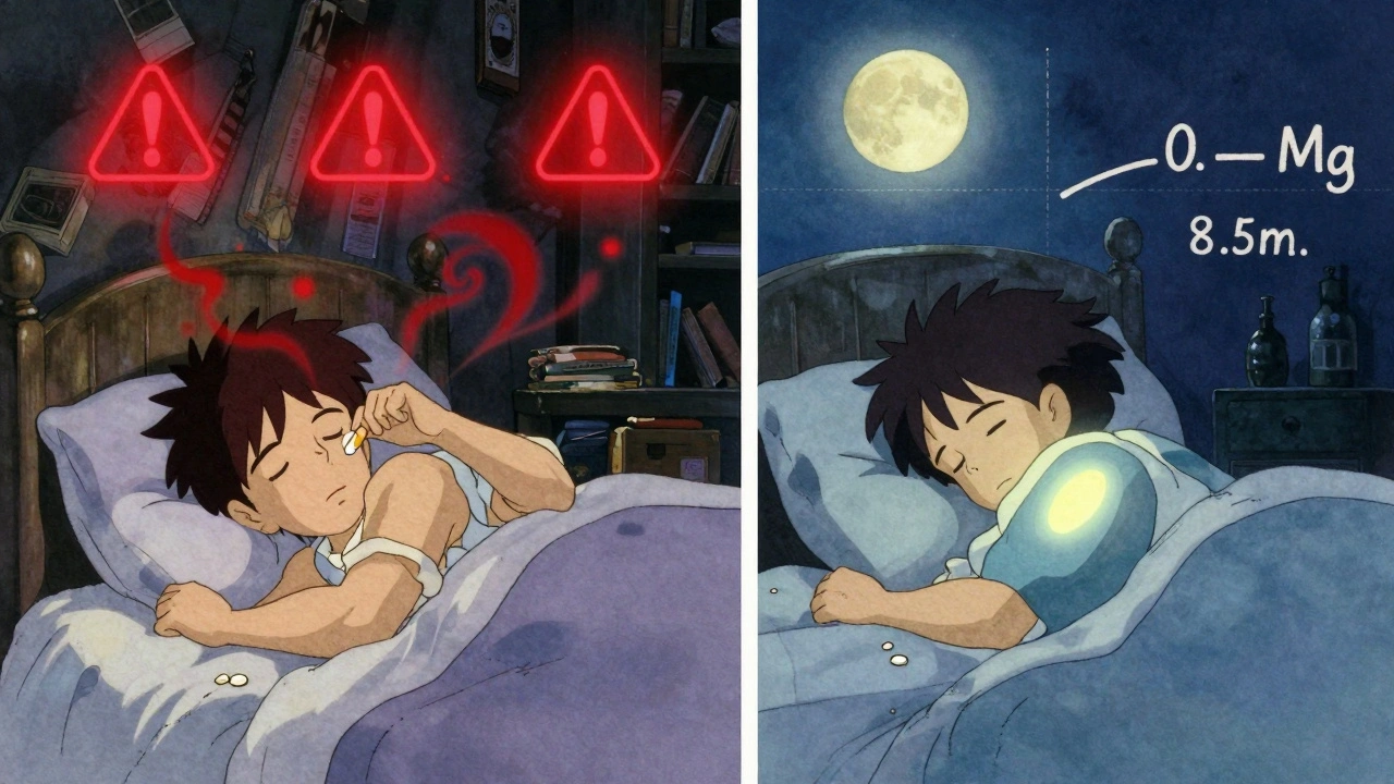 Contrasting sleep scenes: chaotic high-dose use vs. calm low-dose rhythm, retro anime aesthetic with glowing pineal gland.