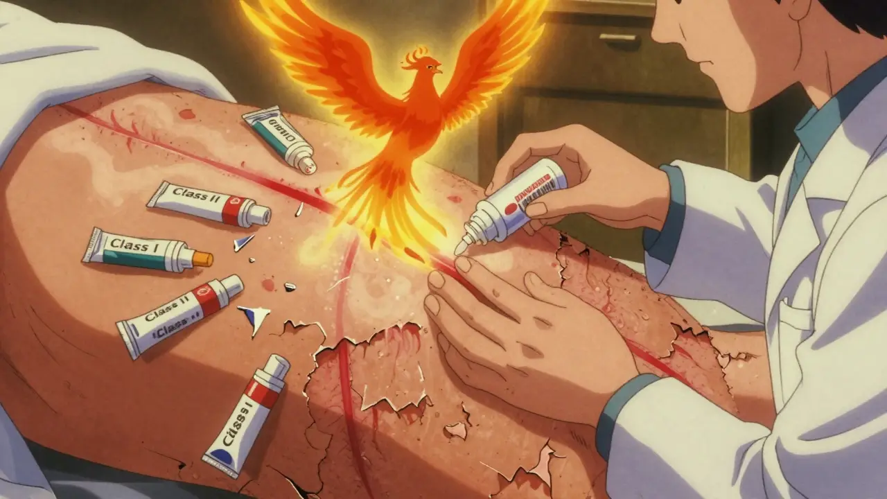 Damaged skin with visible blood vessels healing as non-steroidal treatments are placed nearby.