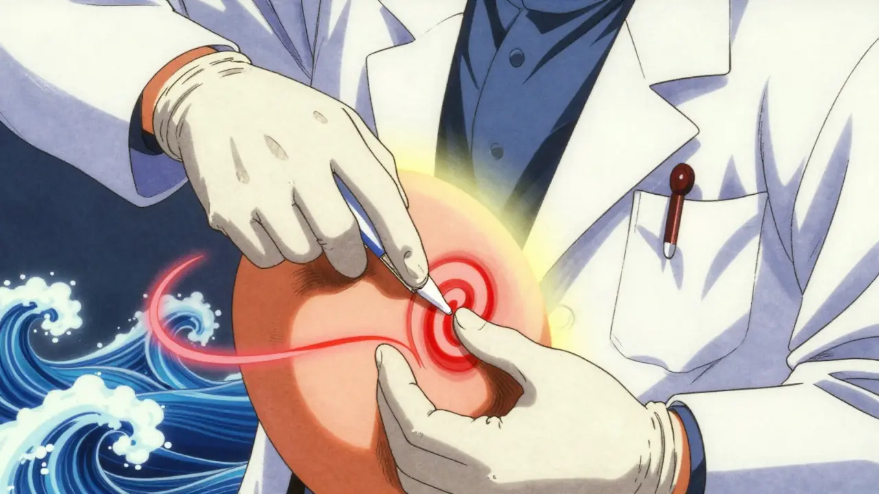Doctor applying medicated ointment with a glowing spiral representing muscle relaxation.