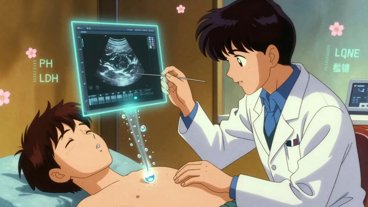 Doctor performing thoracentesis with holographic ultrasound guidance in retro anime style