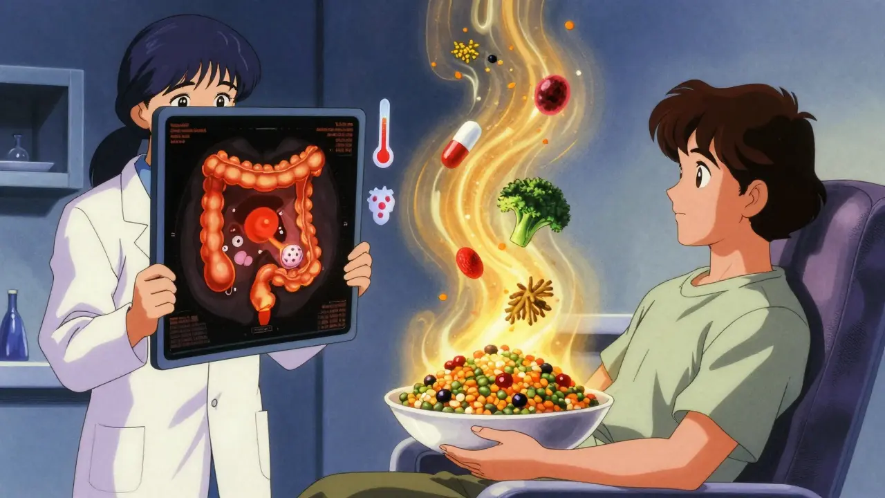 Doctor showing CT scan of inflamed colon with floating food and medical icons in retro anime style.