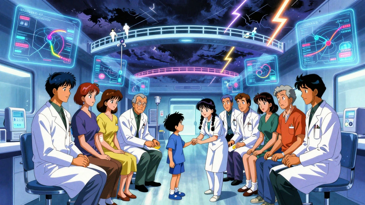 Doctors guiding a child through a glowing desensitization protocol with holographic steps and rainbow antibodies.