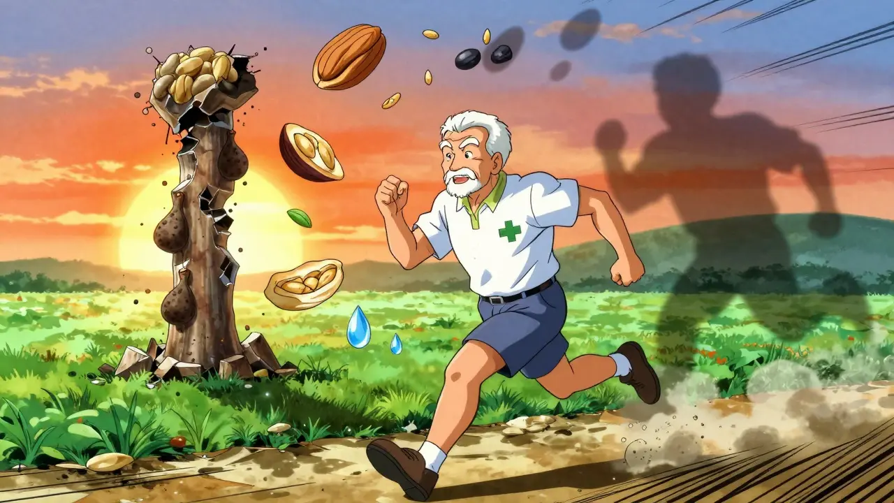 Elderly man jogging at sunrise with healthy foods floating around him, infected colon fading away.