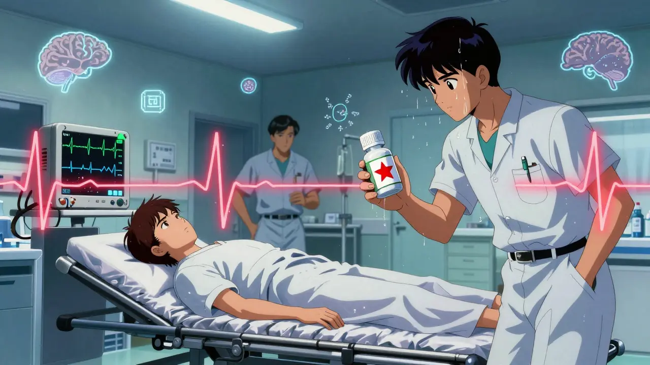 Emergency room patient with abnormal heart monitor, loperamide pills nearby.