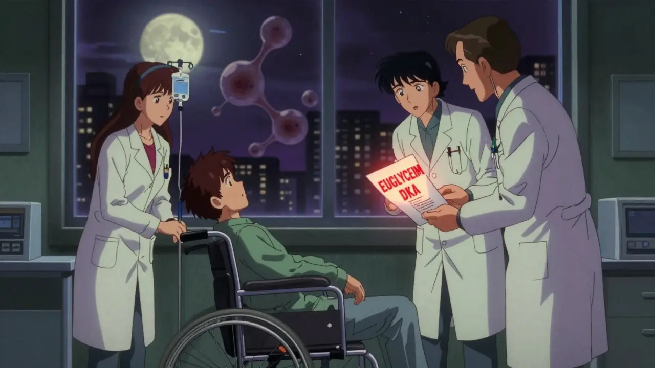 Emergency room scene with patient and doctors, glowing 'EUGLYCEMIC DKA' warning, vintage anime aesthetic.