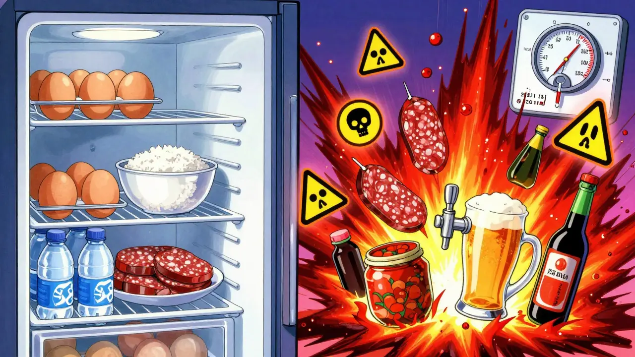 Fridge split between safe foods and exploding tyramine-rich fermented items with warning symbols