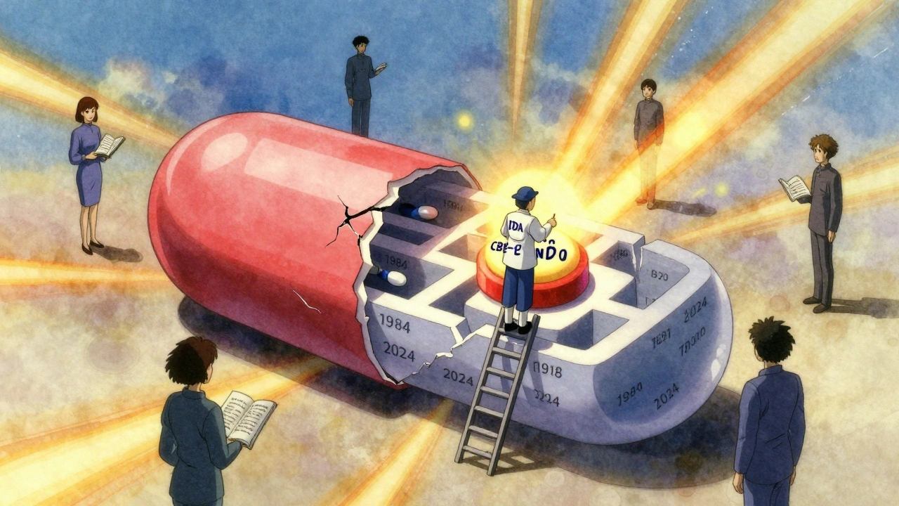 Giant generic pill cracks open to reveal decades of outdated labels, with FDA agent reaching for an update button.