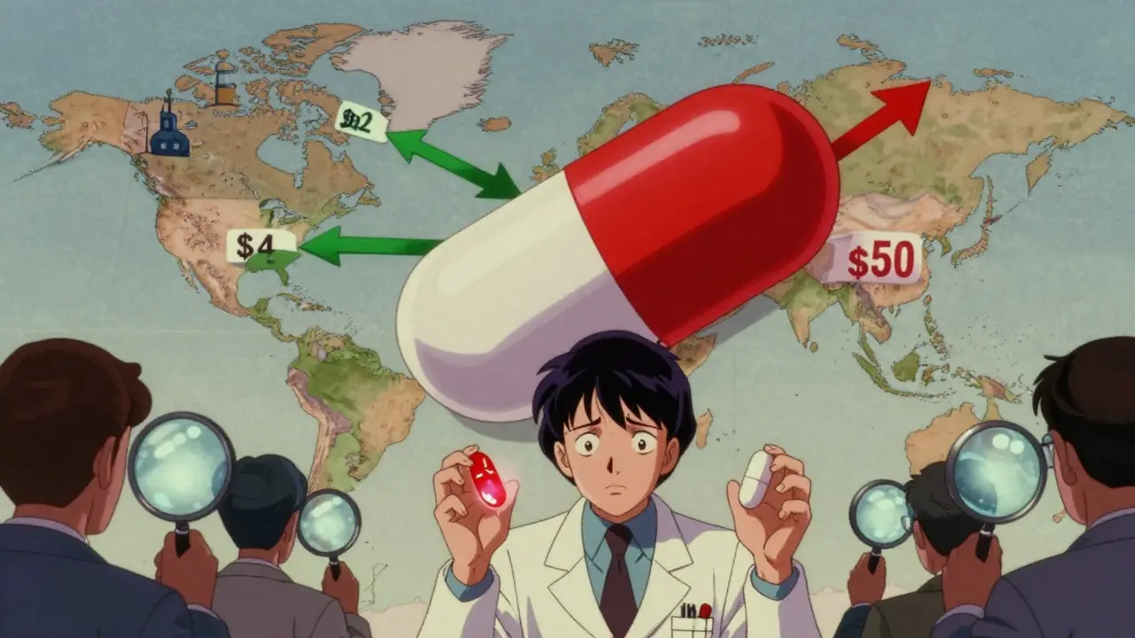 Giant generic pill with price arrows from India and China to the U.S., doctor holding two differing pills in retro anime aesthetic.