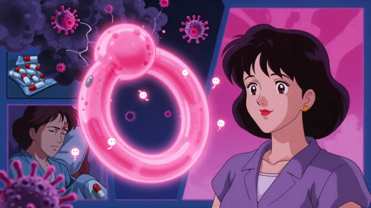 Glowing estrogen ring repelling bacteria with friendly microbes in retro anime aesthetic