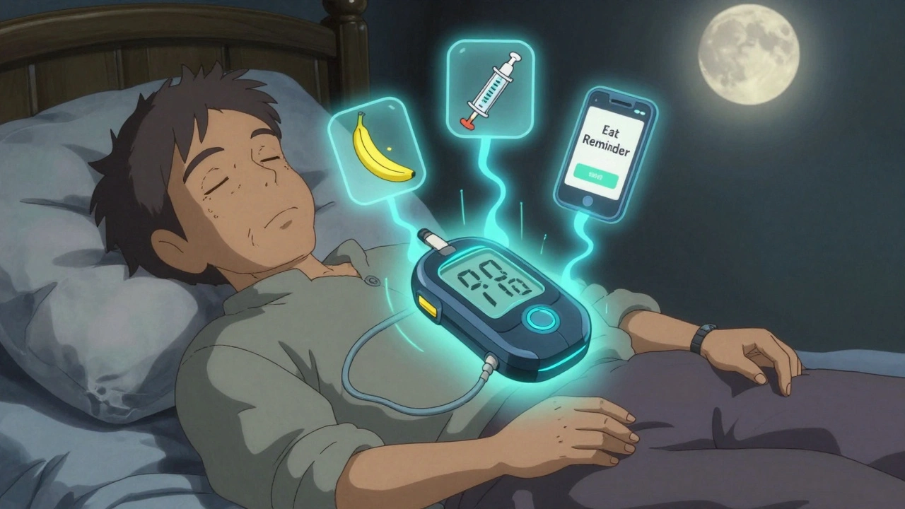 Glucose monitor above sleeping person with banana, syringe, and app alert glowing in moonlight.